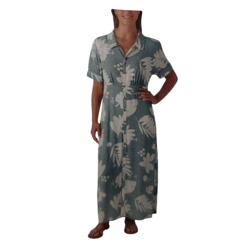 O'Neill XXL Claire Tropical Short Sleeve Collar Sundress Slit Maxi Dress Green - Picture 10 of 16